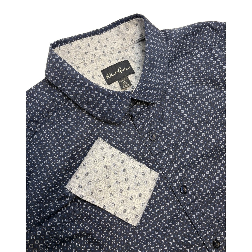 Robert Graham L/S Button Up Flip Cuff Shirt Navy Blue Geometric Diamond Men's L